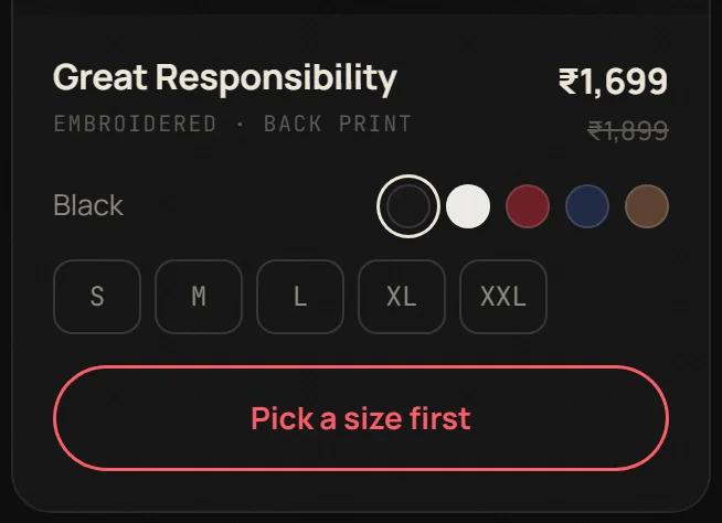 Add to bag button in red outline reading Pick a size first