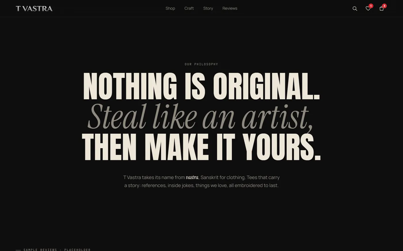 Brand story section with the line Nothing is original, steal like an artist