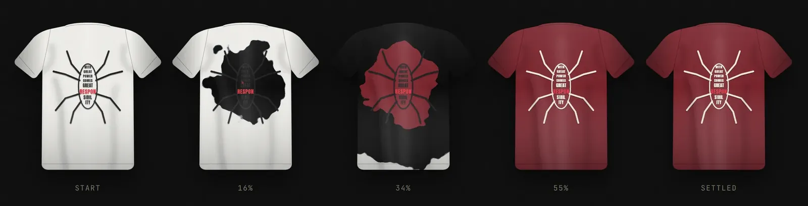 Five frames of the venom transition: a white tee is covered by spreading black tendrils, then maroon replaces the black and the thread turns light
