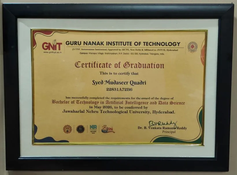 Framed Certificate of Graduation — Bachelor of Technology in Artificial Intelligence and Data Science, JNTUH