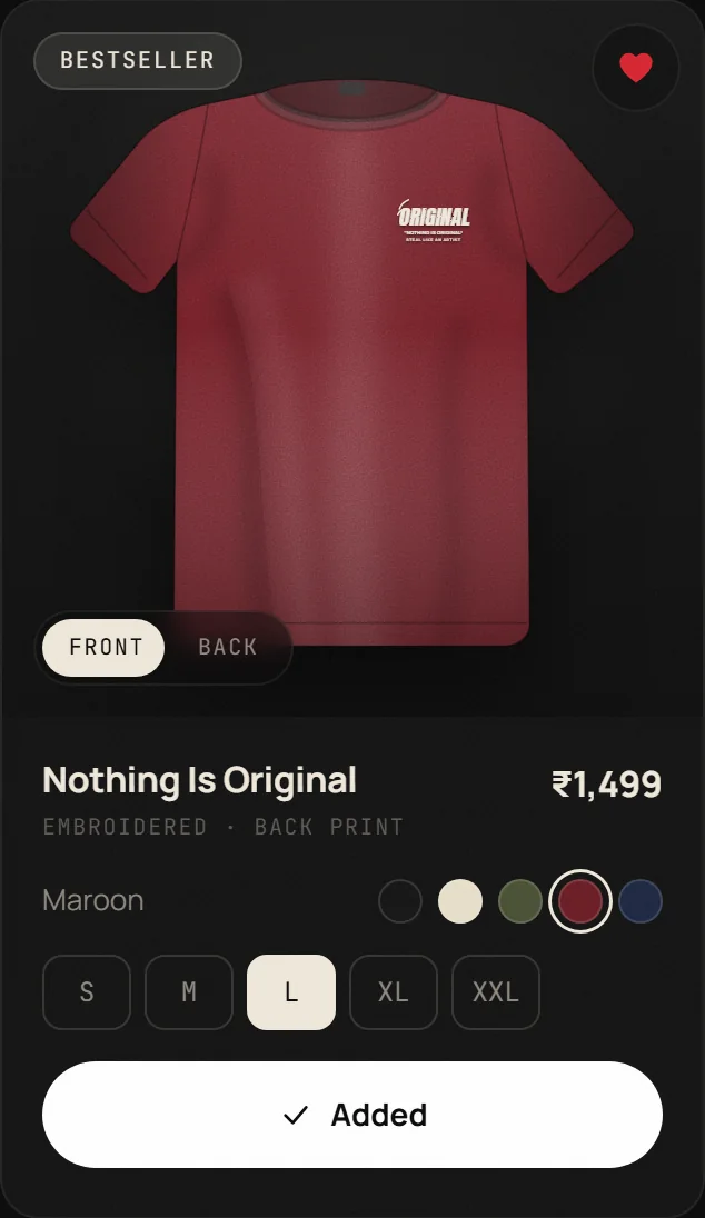 Product card in maroon with size L selected, the heart filled and the button showing Added