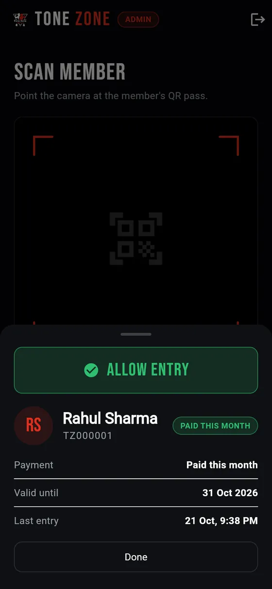 Tone Zone owner app: check-in card after scanning a member, showing Allow entry