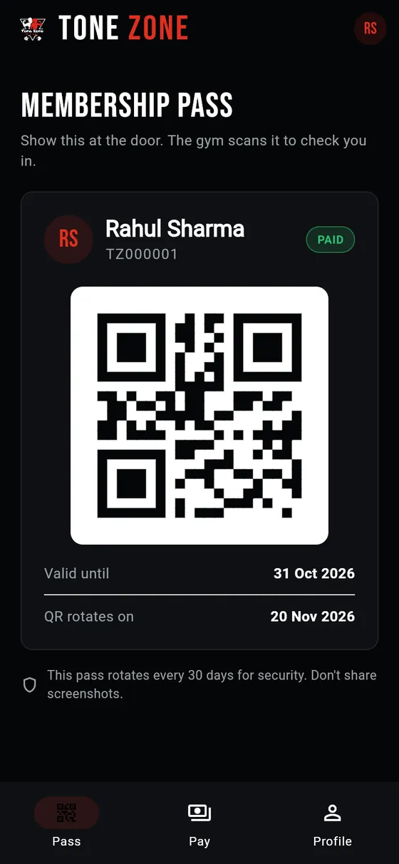 Tone Zone member app: membership pass with QR code